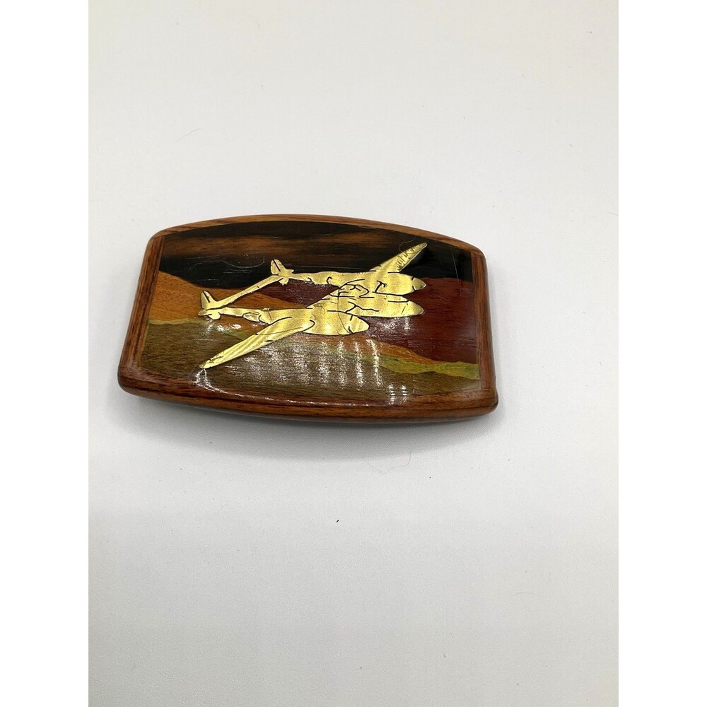 VTG Handmade Lockheed P-38 Lightning Wooden Belt Buckle 80s WWII Military Signed